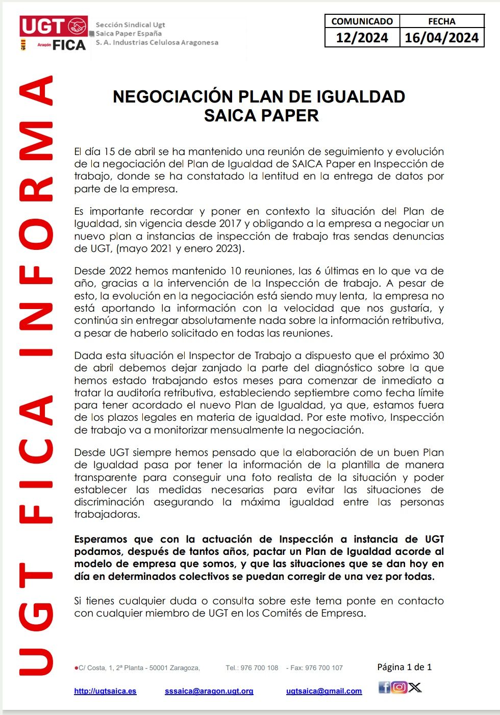 Comunicado 12 2024 NegociaciÓn Plan De Igualdad Saica Paper Web Ugt Saica Paper España 0219